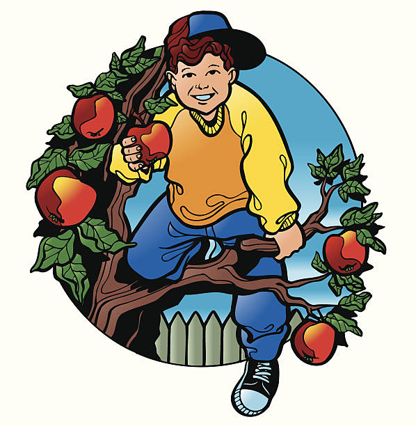 Chłopiec na apple tree – artystyczna grafika wektorowa