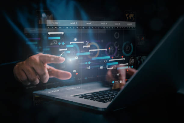 istock analytics chart, business analysis chart KPI showing icon on virtual screen monitor laptop by hologram virtual screen technology. 1603746796