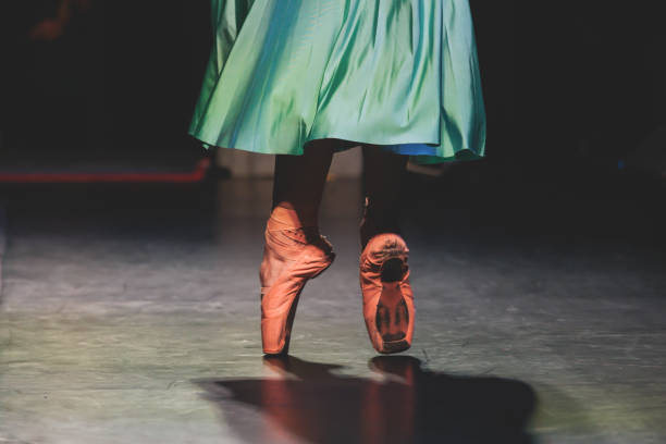 istock Ballet dancers couple during performance repetition, classic ballet rehearsal practicing in ballroom, view of legs in pointe shoes, ballerina and ballet dancer on a concert hall theatre stage 1603747336