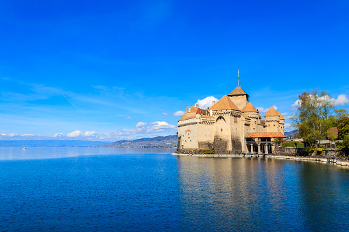 Montreux, Switzerland - April 10, 2022: Chillon Castle on Lake Geneva near Montreux, Switzerland