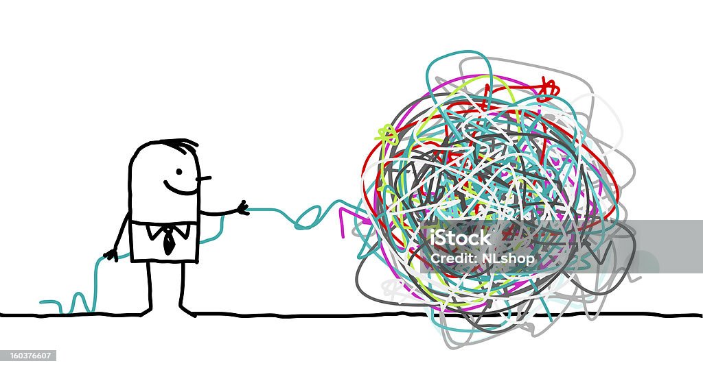 man untangle a knot vector hand drawn characters line - man untangle a knot String stock vector