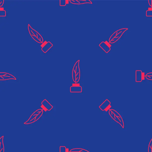 Vector illustration of Red Feather and inkwell icon isolated seamless pattern on blue background. Vector