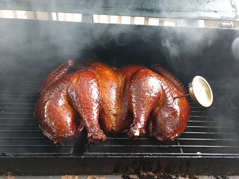 A glistening smoked turkey in a smoker.
