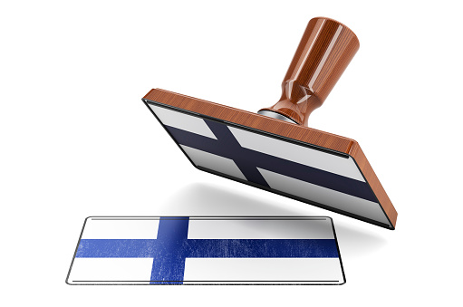 Wooden stamper, seal with Finnish flag, 3D rendering isolated on white background