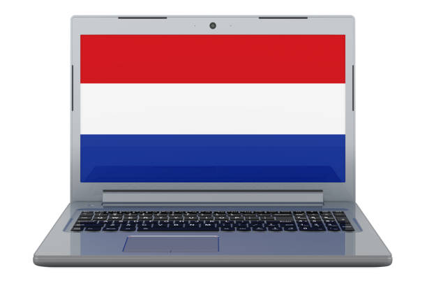 The Netherlands flag on laptop screen. 3D illustration isolated on white background