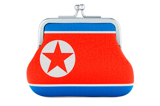 Coin purse with North Korean flag. Budget, investment or financial, banking concept in North Korea. 3D rendering isolated on white background