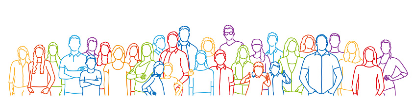 Diverse people standing together. Society, multicultural community portrait and citizens. Hand drawn vector illustration.