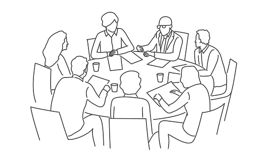 Team of employees sitting at round table together and discussing ideas or brainstorming. Hand drawn vector illustration. Black and white.