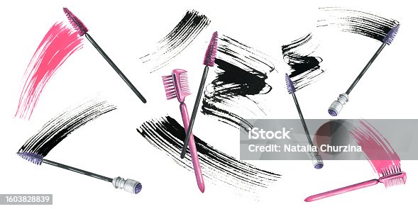 istock Brushes for combing eyelashes and eyebrows with a smear of black and pink paint, mascara. Watercolor illustration, hand drawn. Set of isolated elements on a white background 1603828839