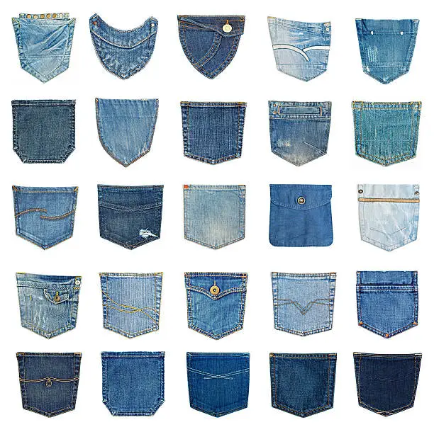 collection of different jeans pocket isolated on white.