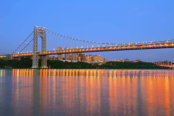 George Washington Bridge with NYC skyline at dusk