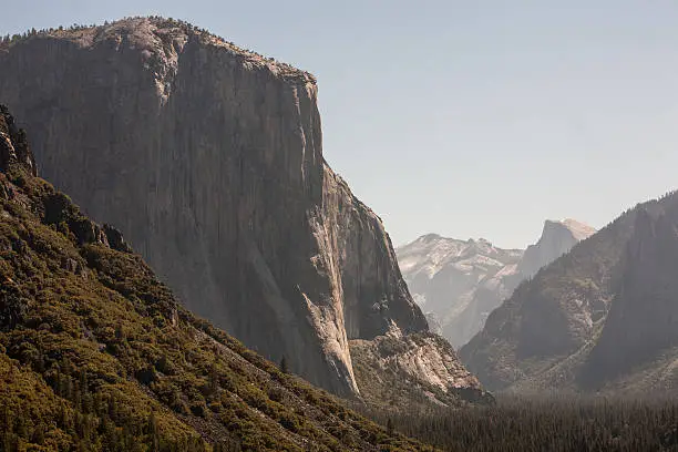 Horizontal view of Yosemite Valley showing El Capitan and Half Dome in the background
