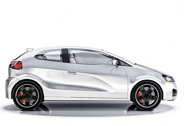 Side view of a silver car on a white background