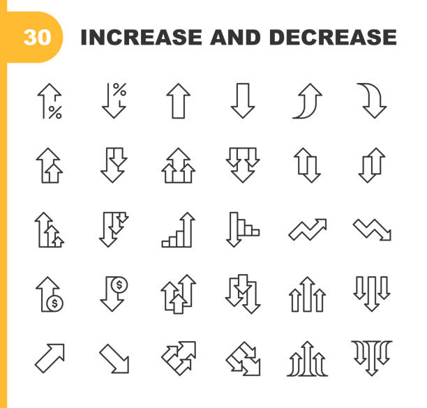 ilustrações de stock, clip art, desenhos animados e ícones de increase and decrease line icons. editable stroke, contains such icons as arrow, chart, diagram, finance and economy, direction, graph, growth, interest rate, investment, performance, planning, sharing, stock market data, success, traffic. - graph moving down recession line graph