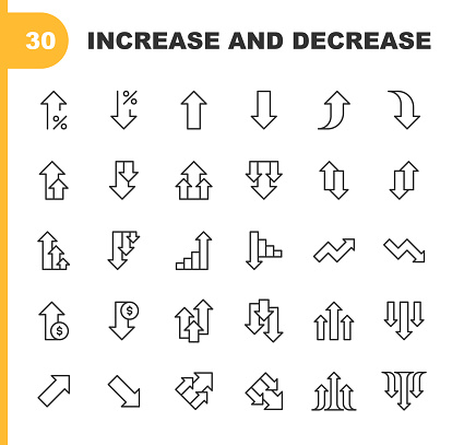 30 Increase and Decrease Line Icons. Arrow, Benefits, Charity Benefit, Chart, Contrasts, Crash, Currency, Development, Diagram, Direction, Downloading, Falling, Finance, Finance and Economy, Financial Report, Graph, Growth, High Up, Interest Rate, Investment, Lowering, Making Money, Mathematics, Moving Down, Moving Up, Negative Emotion, Performance, Planning, Pointing, Positive Emotion, Presentation, Price, Reduction, Sharing, Stock Market and Exchange, Stock Market Data, Success, Traffic Arrow Sign.
