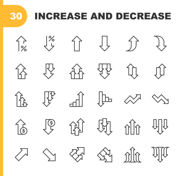 Increase and Decrease Line Icons. Editable Stroke, Contains such icons as Arrow, Chart, Diagram, Finance and Economy, Direction, Graph, Growth, Interest Rate, Investment, Performance, Planning, Sharing, Stock Market Data, Success, Traffic. 30 Increase and Decrease Line Icons. Arrow, Benefits, Charity Benefit, Chart, Contrasts, Crash, Currency, Development, Diagram, Direction, Downloading, Falling, Finance, Finance and Economy, Financial Report, Graph, Growth, High Up, Interest Rate, Investment, Lowering, Making Money, Mathematics, Moving Down, Moving Up, Negative Emotion, Performance, Planning, Pointing, Positive Emotion, Presentation, Price, Reduction, Sharing, Stock Market and Exchange, Stock Market Data, Success, Traffic Arrow Sign. deterioration stock illustrations