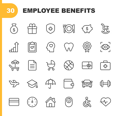 30 Employee Benefits Line Icons. Award, Bonus, Business, Business Travel, Cafeteria, Company Car, Corporate Business, Credit Card, Dental Insurance, Device, Discount, Education, Employee, Employee Benefits, Employer, Employment, Employment and Labor, Gift, Gift Card, Gym, Health Check, Health Insurance, Healthcare, Human Resources, Insurance, Maternity Leave, Meal Break, Mental Health, Paid Vacation, Pay Rise, Pension, People, Perks, Promotion, Protection, Recruitment, Remote Work, Retirement Plan, Salary, Savings, Social Security, Teamwork, Training, Vacation, Work from Home.