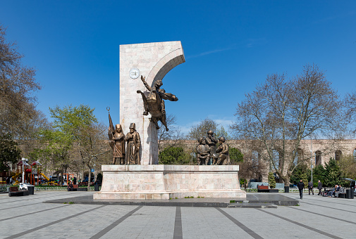 Istanbul, Turkey - April 14, 2023: A picture of the Sultan Mehmed II Statue on the Fatih Memorial Park.