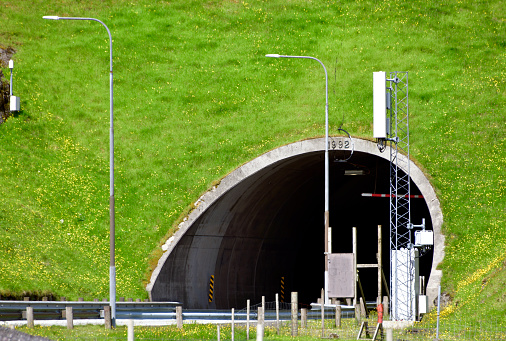 Kaldbaksbotnur, Streymoy Island, Faroe Islands: Kollafjarðartunnilin car tunnel between Kollafjørður and Kaldbaksbotnur (completed in 1992), south entrance - the main route from Tórshavn to the villages in the north of the island. The Faroe islands are famous for their long tunnels.