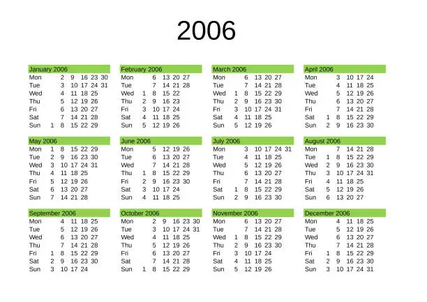 Vector illustration of year 2006 calendar in English