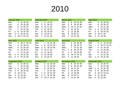 calendar of year 2010 in English language