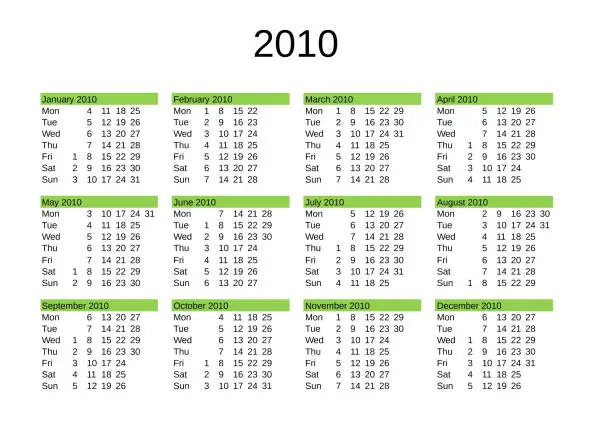 Vector illustration of year 2010 calendar in English