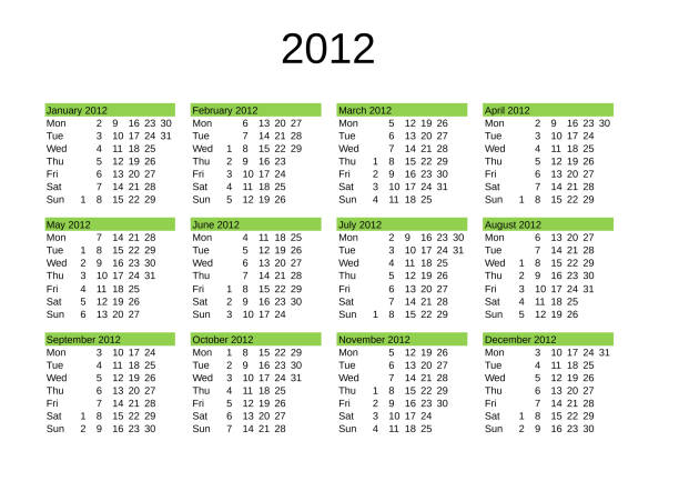 ilustrações, clipart, desenhos animados e ícones de calendário do ano 2012 em inglês - 2012