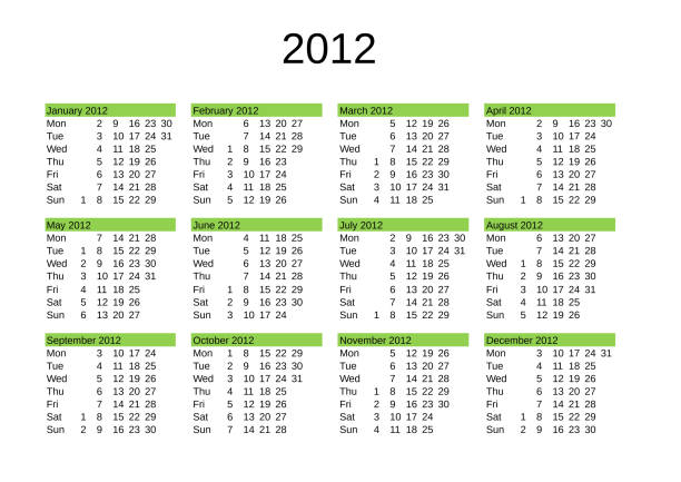 year 2012 calendar in English calendar of year 2012 in English language january 2012 calendar stock illustrations