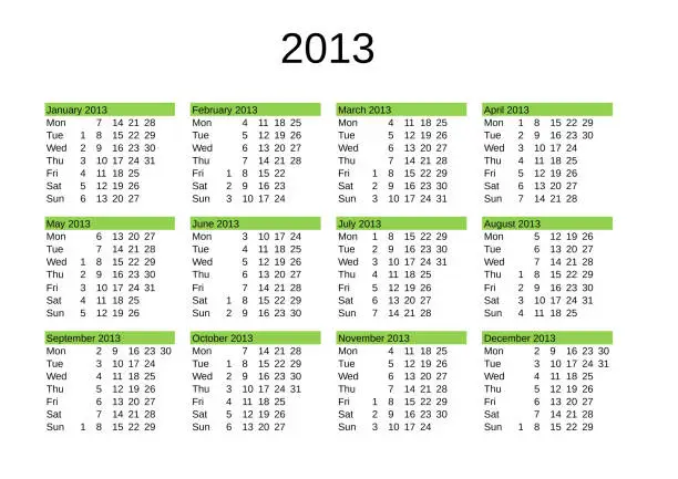 Vector illustration of year 2013 calendar in English