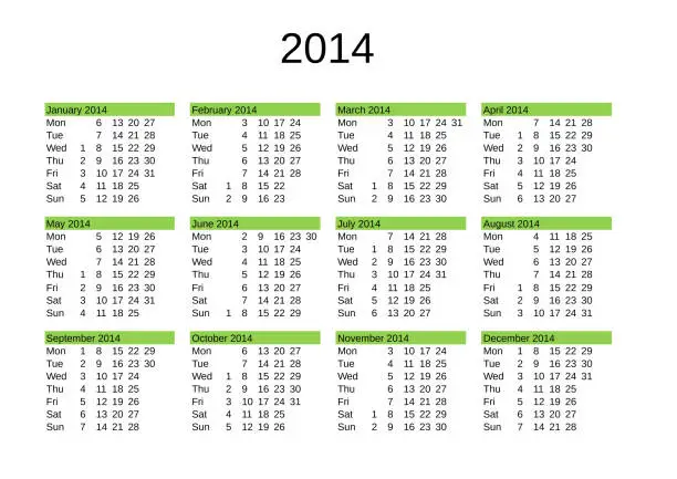 Vector illustration of year 2014 calendar in English