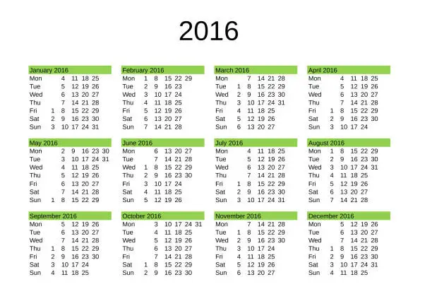 Vector illustration of year 2016 calendar in English