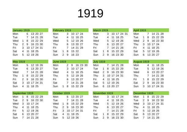 Vector illustration of year 1919 calendar in English