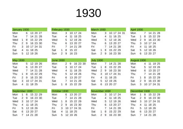 Vector illustration of year 1930 calendar in English