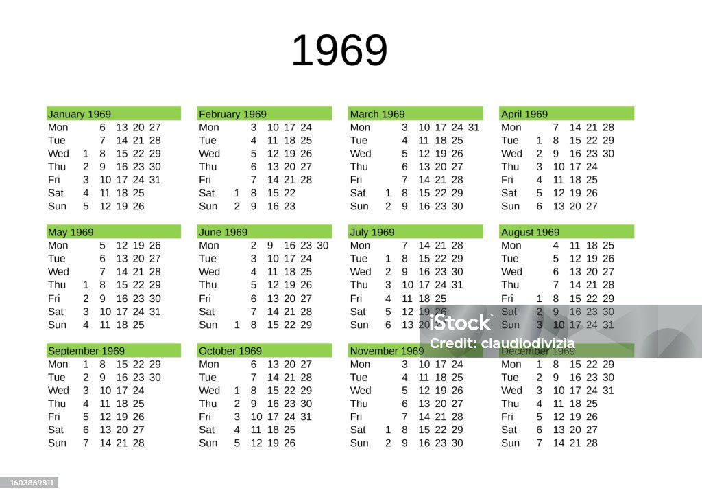 Year 1969 Calendar In English Stock Illustration Download Image Now