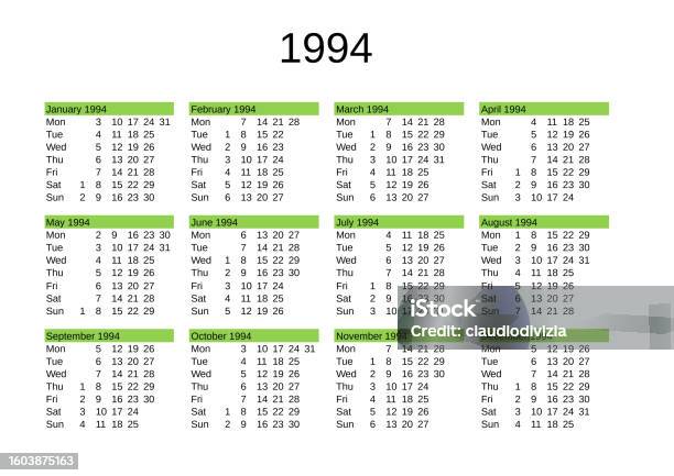 Year 1994 Calendar In English Stock Illustration Download Image Now Year 1994 Calendar In English Stock Illustration Download Image Now