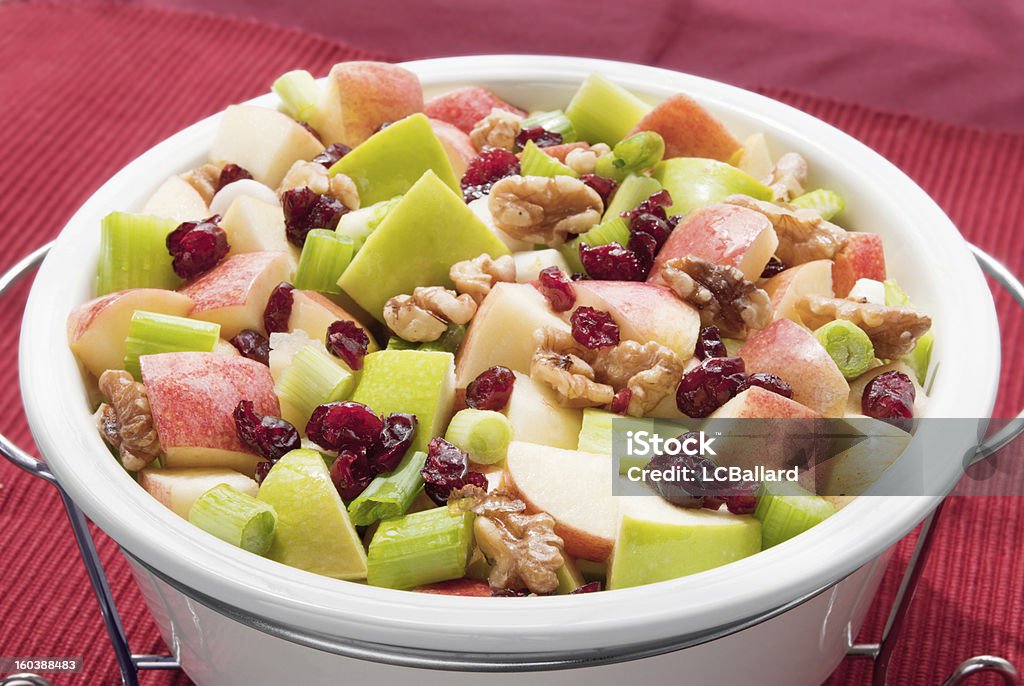 healthful waldorf salad prepared with apples and fruits red background healthful waldorf fruit salad prepared with granny smith apples, gala apples, celery, walnuts, cranberries, spring onions and a fresh homemade vinaigrette dressing. This fruit salad is served in a white ceramic serving bowl and has a red textured fabric background. Shot indoors in natural day light.  Appetizer Stock Photo