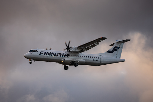 Vilnius, Lithuania - October 6, 2022: Finnair ATR 72-500 OH-ATL landing in VNO Vilnius International Airport.