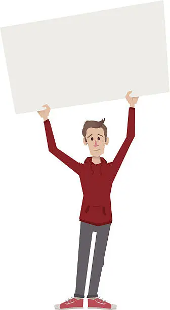 Vector illustration of Man with red hoody holds up sign