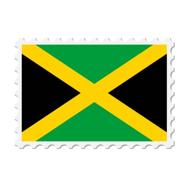 ilustrações, clipart, desenhos animados e ícones de selo postal da jamaica. ilustração do vetor do cartão postal com a bandeira nacional jamaicana isolada no fundo branco. - mail postage stamp postmark jamaica