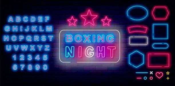 Vector illustration of Boxing night neon label. Power sport. Fight club logotype. Glowing sign on brick wall. Vector stock illustration