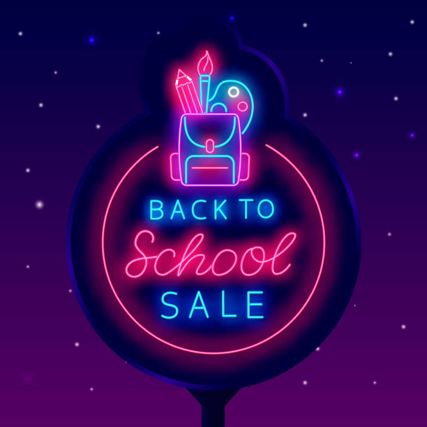 istock Back to school neon street billboard. Glowing outdoor advertising. Backpack with circle frame. Vector stock illustration 1603912753