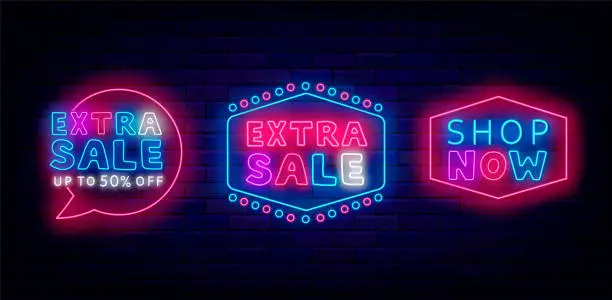 Vector illustration of Super Sale neon labels collection. Shop now. Extra shopping. Shiny badges on brick wall. Vector stock illustration
