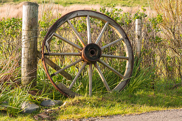 Wooden cart wheel broken and abandoned leaning against a fence alongside the A865 road close to Cladach Chnoc a Lin on North Uist in the Outer Hebrides of Scotland