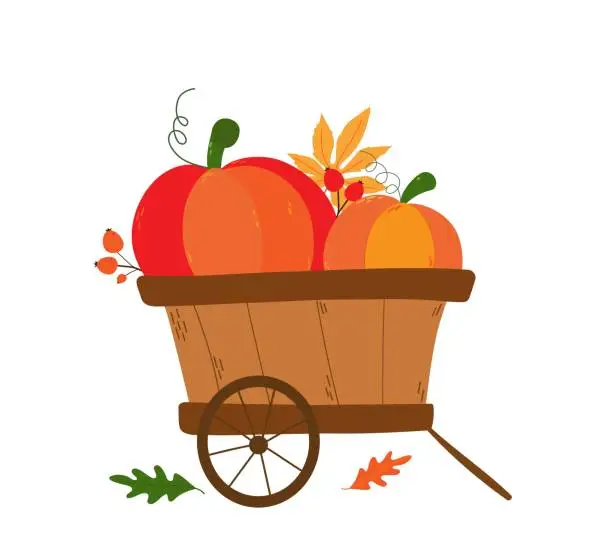 Vector illustration of wheelbarrow with pumkins and leaves