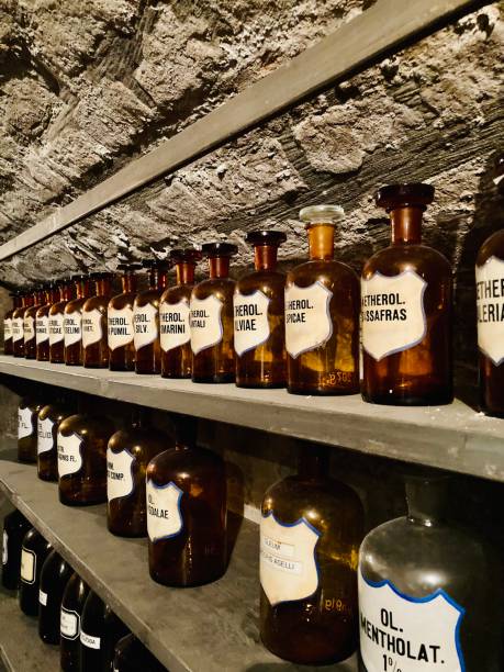 istock Fancy bottles in an old pharmacy cellar 1603932071