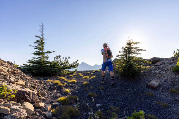 istock Senior male trail runner ascends to mountain ridge 1603935807