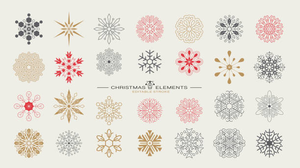 Set of Christmas Snowflakes. Line winter stars. Editable strokes vector art illustration