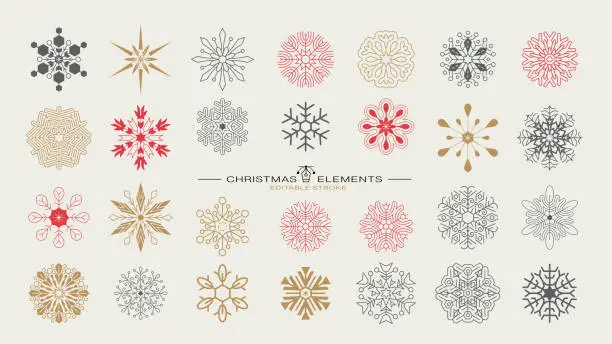 Vector illustration of Set of Christmas Snowflakes. Line winter stars. Editable strokes