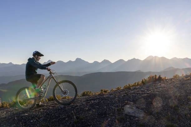istock Male mountain biker ascends high mountain ridge 1603937866