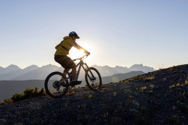 istock Male mountain biker ascends high mountain ridge 1603941038
